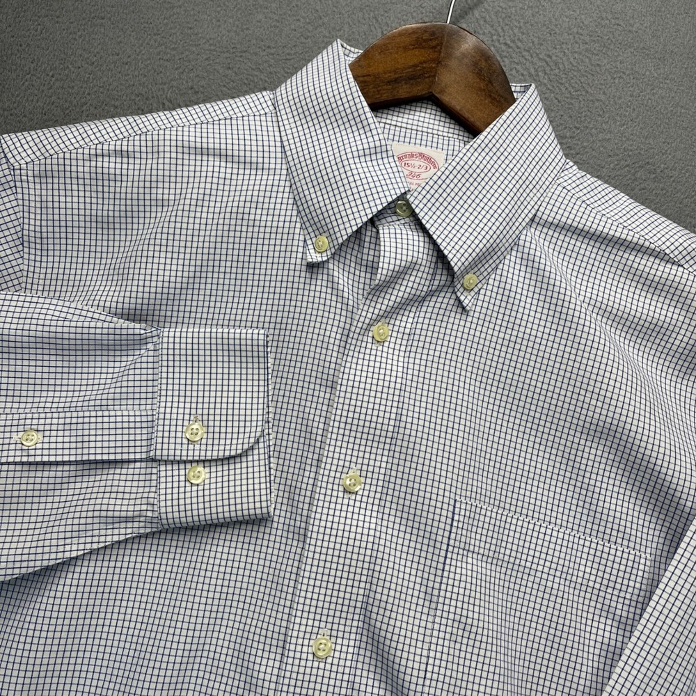 Brooks Brothers 346 Dress Shirt Mens 15.5 32/33 White/Blue Tattersall Check Work